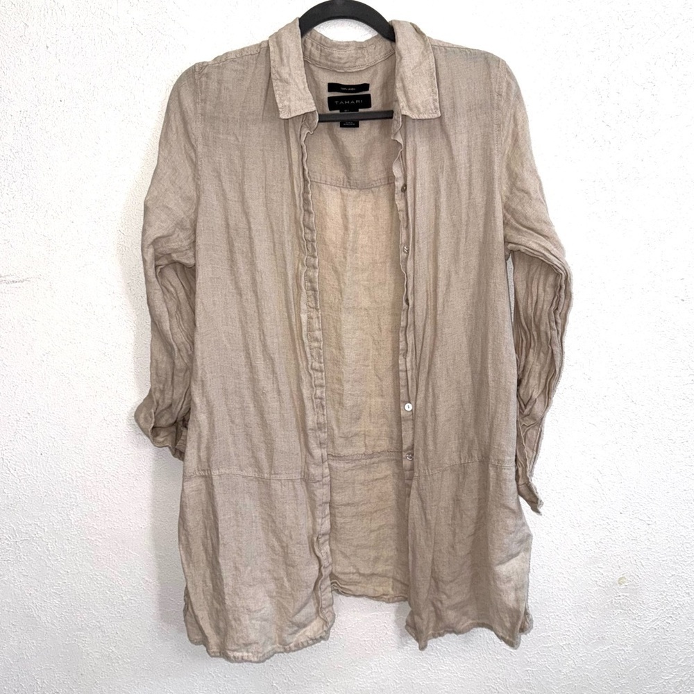 Tahari Linen Cream Long Sleeve Button Front Beach Boho Blouse Top Size Large